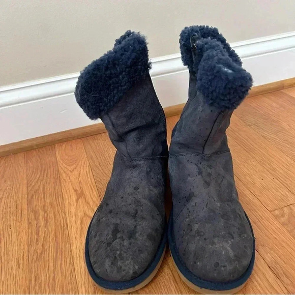 Ugg Classic Short Leather Suede Nave Blue Winter Zip Up Boots Women’s Size 9 - Picture 2 of 7